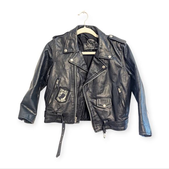 Vintage Other - Leather King Black Cropped Patched Leather Moto Biker Jacket Size XXXL